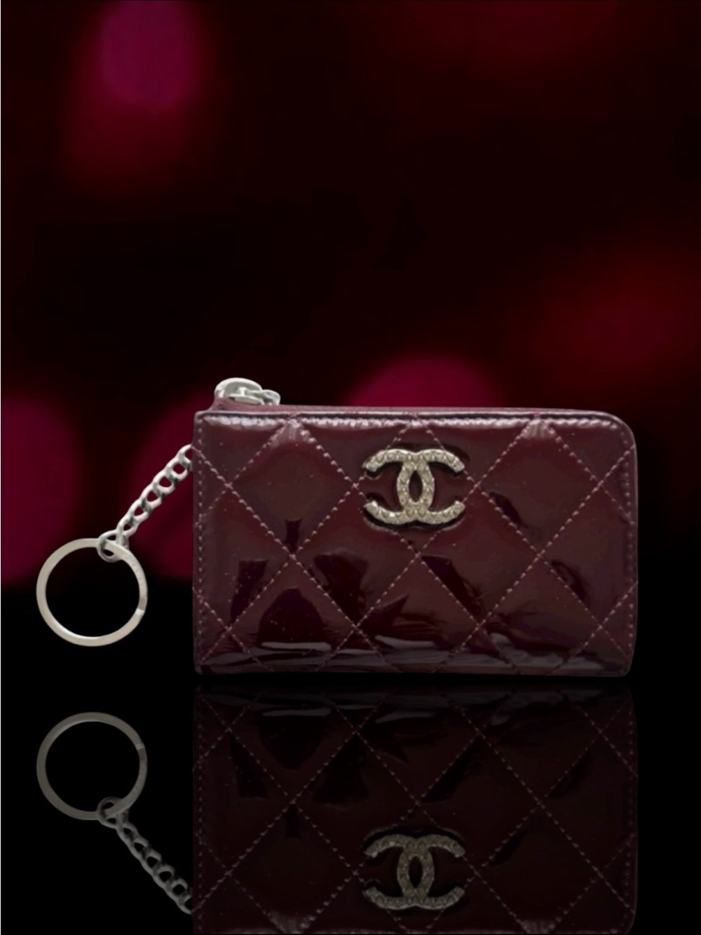 🆕💗CHANEL Burgundy Patent Leather Zip Closure O-Ring Key Holder Card Wallet SHW
